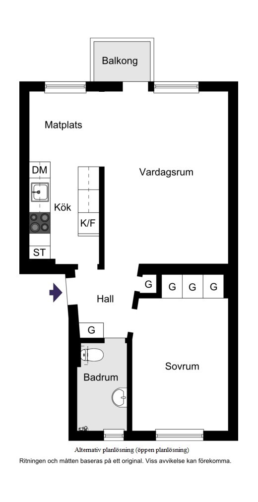 Alternativ planlösning (halvt öppen planlösning).