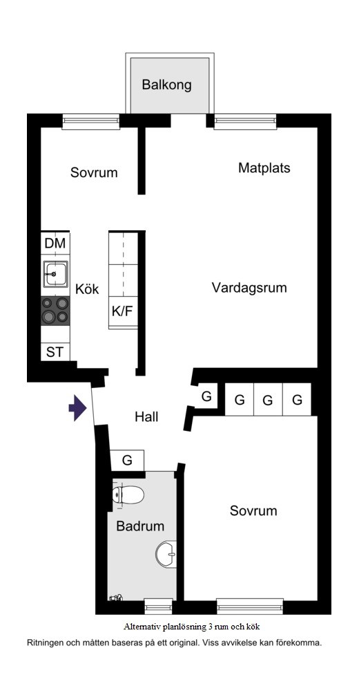 Alternativ planlösning 3 rum och kök