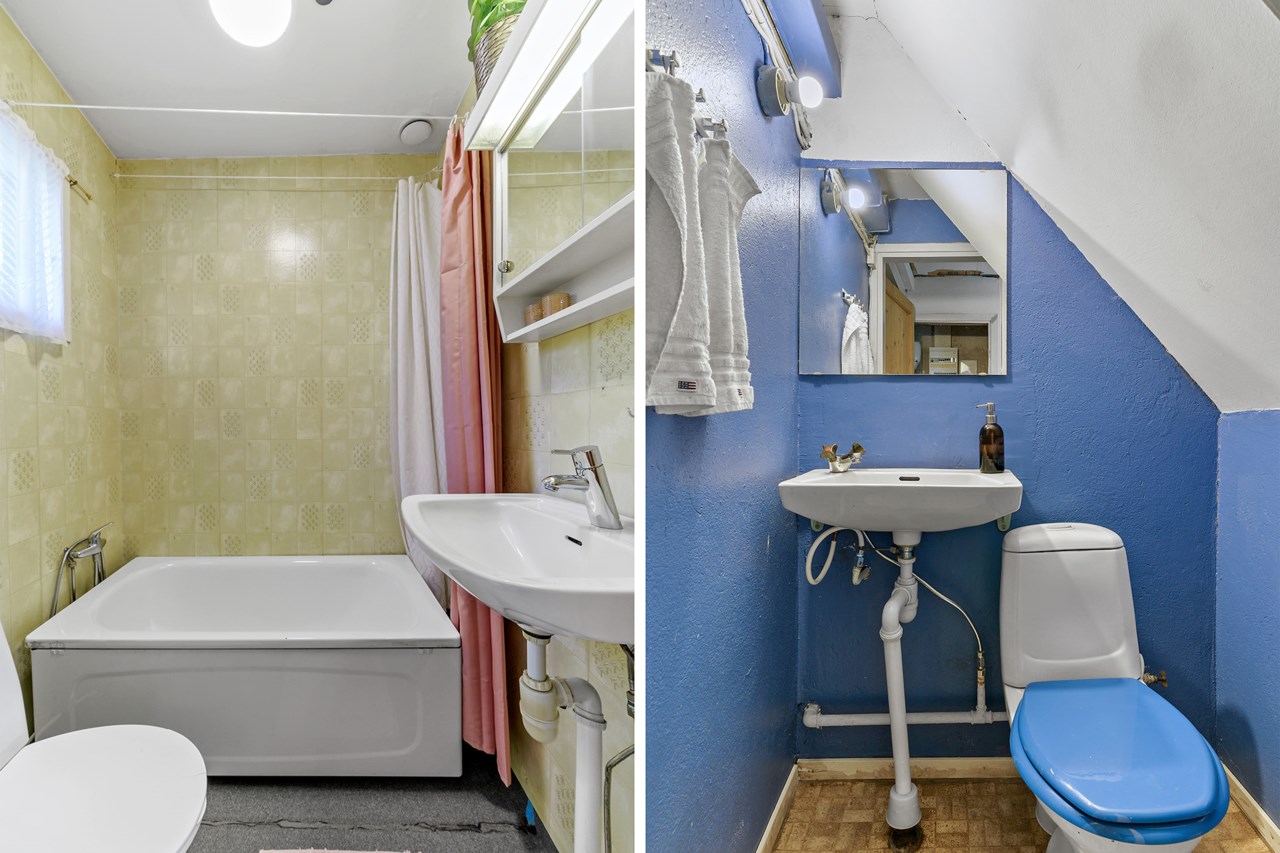 Badrum övre plan t.v. - wc källarplan t.h.